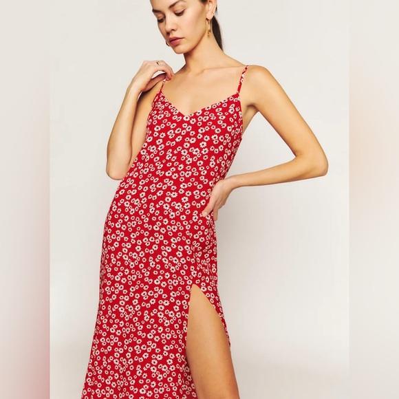 NWT REFORMATION CRIMINI DRESS JENNA Size 4 Red Floral Midi Summer Slit Boho Chic - Picture 4 of 16